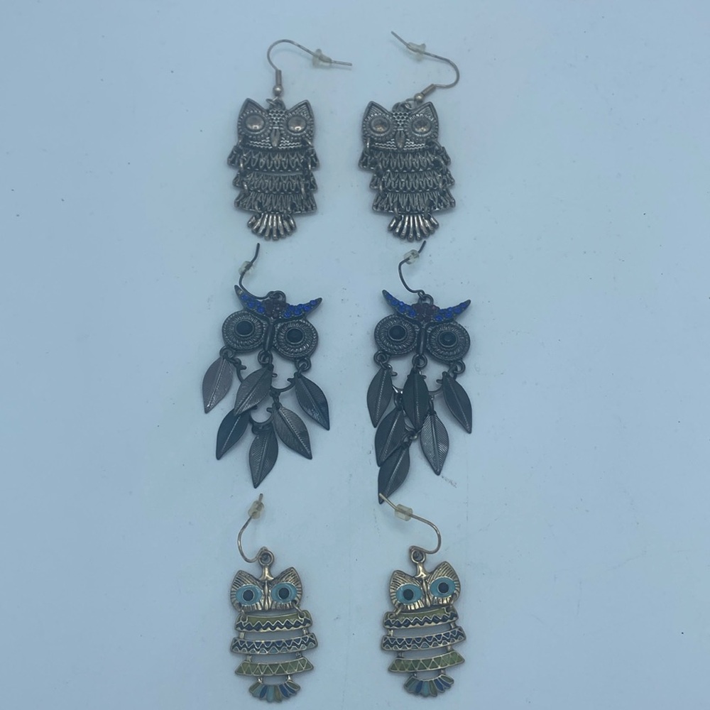 3 pair of owl dangle earrings rhinestone, enamel, cloisonné pierced